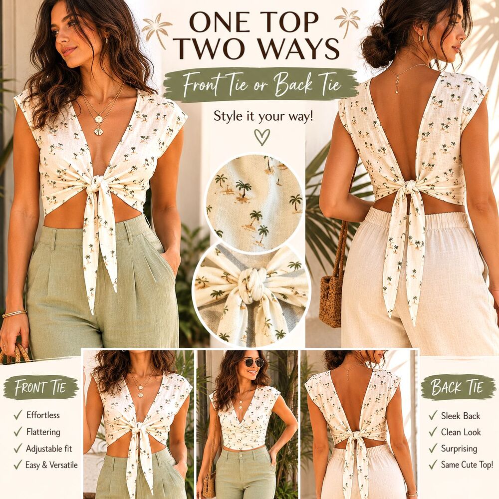 Whimsy Row Valentina Top S Palm Tree Linen Reversible Vacation Resort Tropical